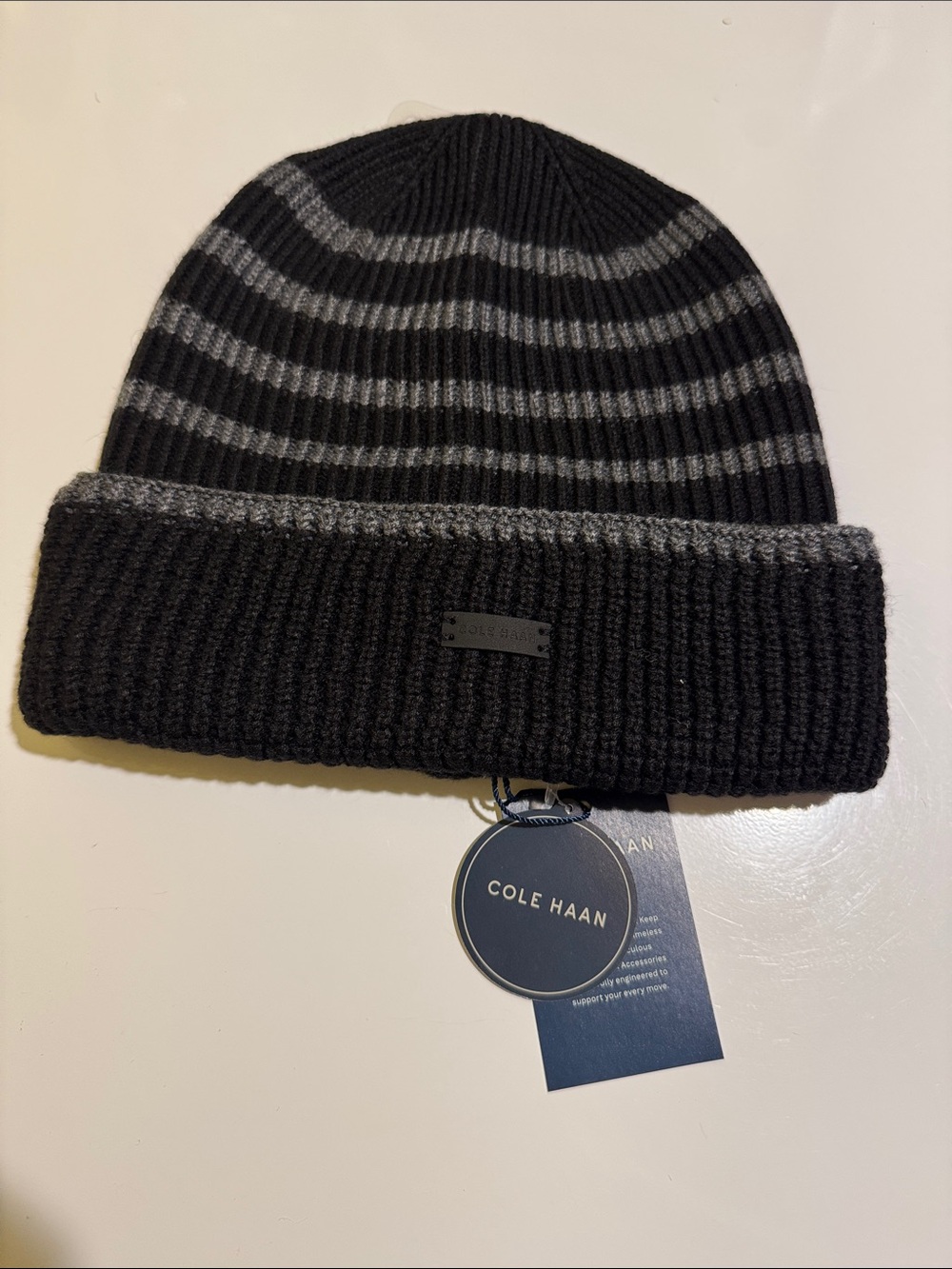 Cole Haan Black & Gray Ribbed Fold-Over Beanie